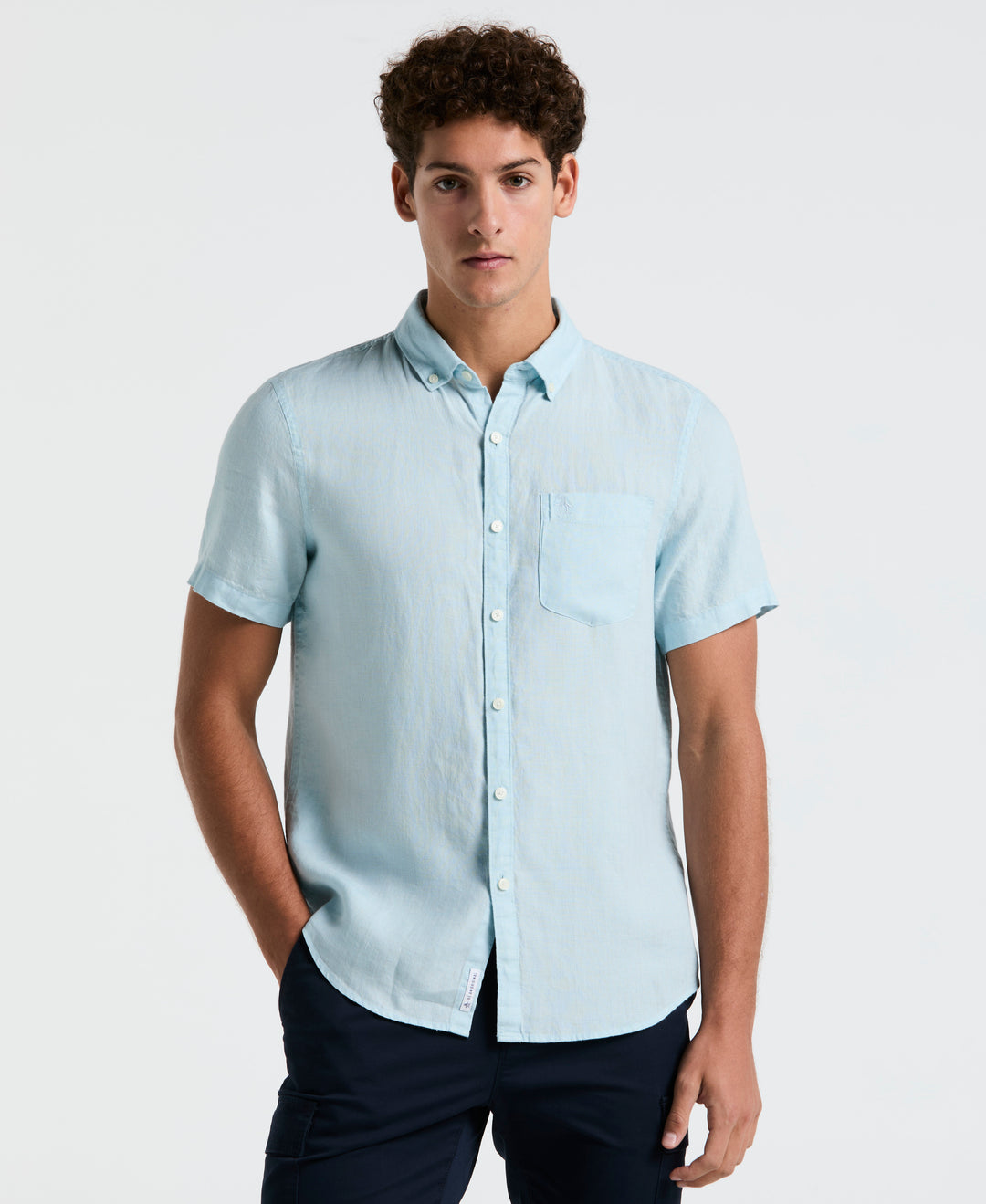 Delave Linen Short Sleeve Button-Down Shirt with Chest Pocket (Crystal Blue) 