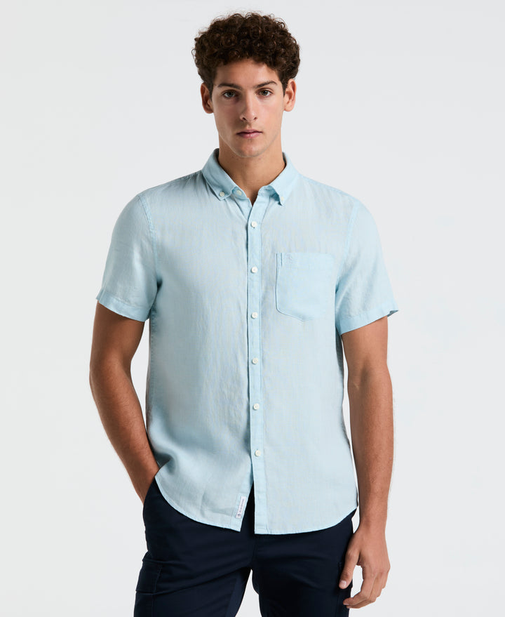 Delave Linen Short Sleeve Button-Down Shirt with Chest Pocket (Crystal Blue) 