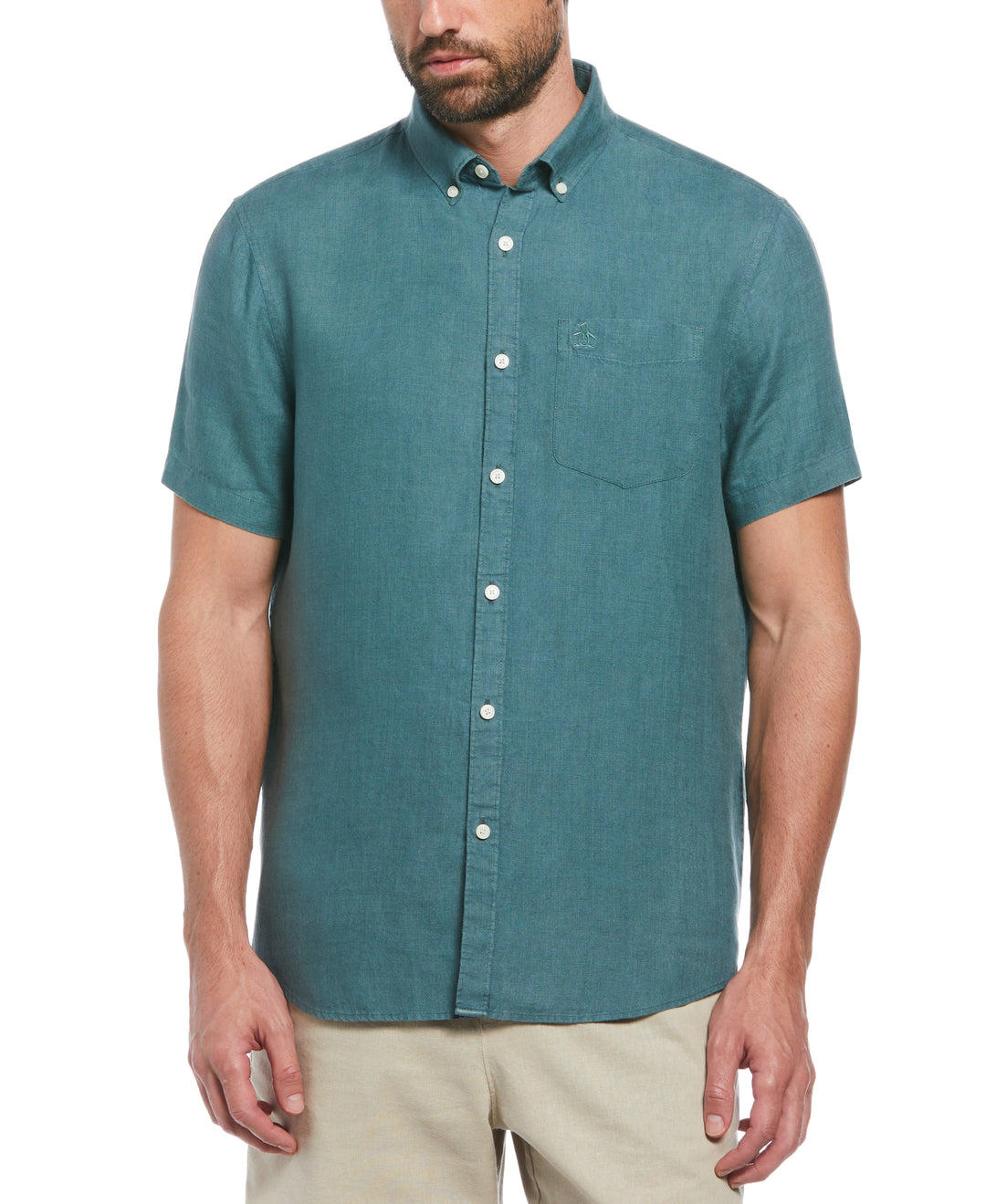 Delave Linen Short Sleeve Button-Down Shirt with Chest Pocket (Sea Pine) 