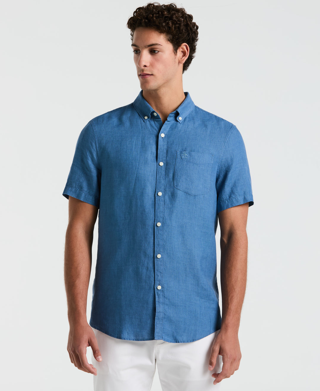 Delave Linen Short Sleeve Button-Down Shirt with Chest Pocket (Copen Blue) 