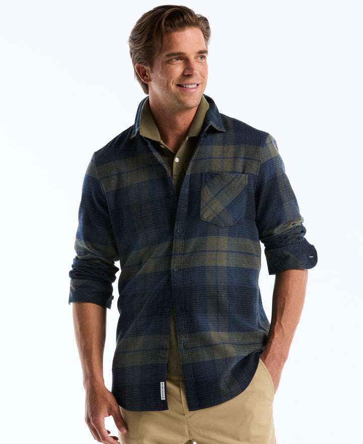 Cotton Dobby Lightweight Flannel Plaid Shirt (Sargasso Sea) 