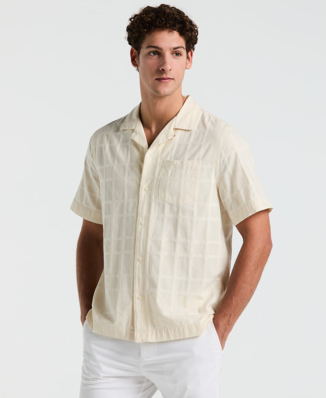 Cotton Dobby Plaid Camp Collar Shirt (Birch) 