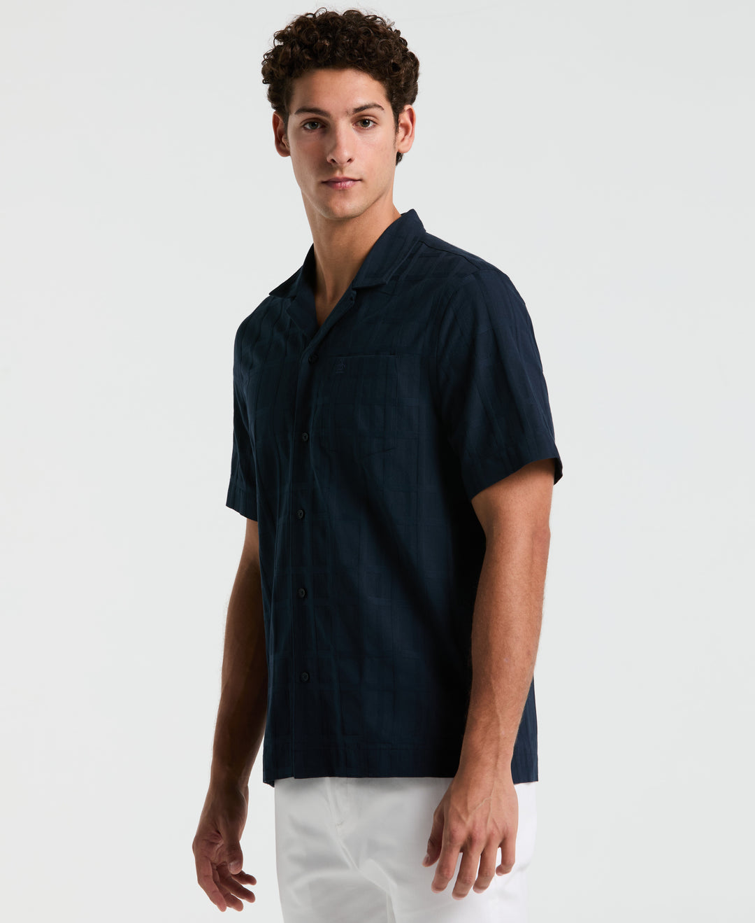 Cotton Dobby Plaid Camp Collar Shirt (Dark Sapphire) 