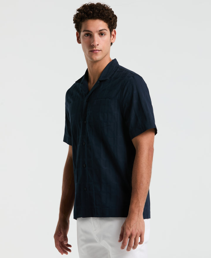Cotton Dobby Plaid Camp Collar Shirt (Dark Sapphire) 
