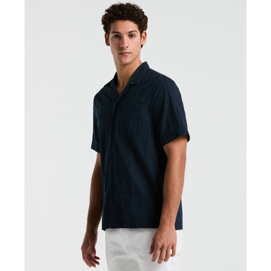 Cotton Dobby Plaid Camp Collar Shirt (Dark Sapphire) 