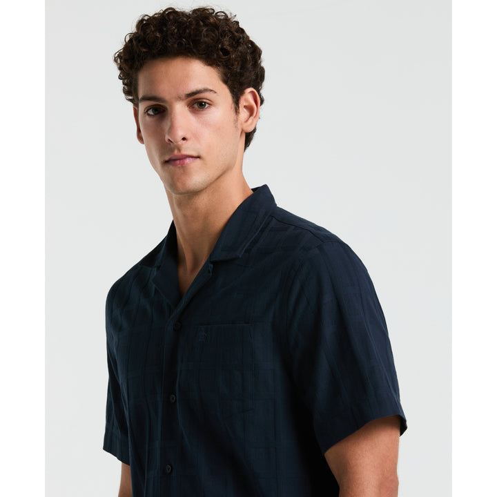 Cotton Dobby Plaid Camp Collar Shirt (Dark Sapphire) 