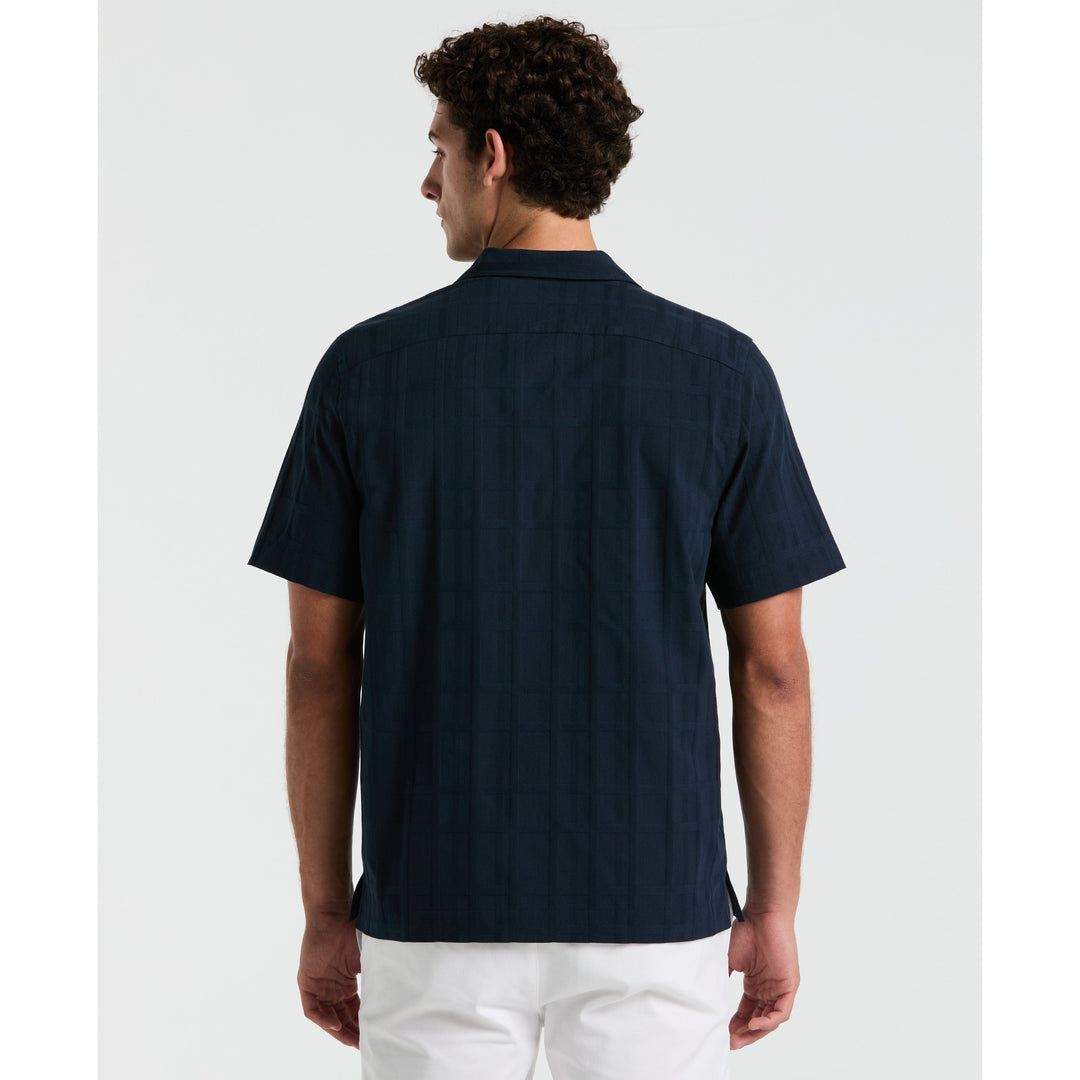 Cotton Dobby Plaid Camp Collar Shirt (Dark Sapphire) 