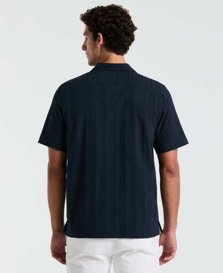 Cotton Dobby Plaid Camp Collar Shirt (Dark Sapphire) 