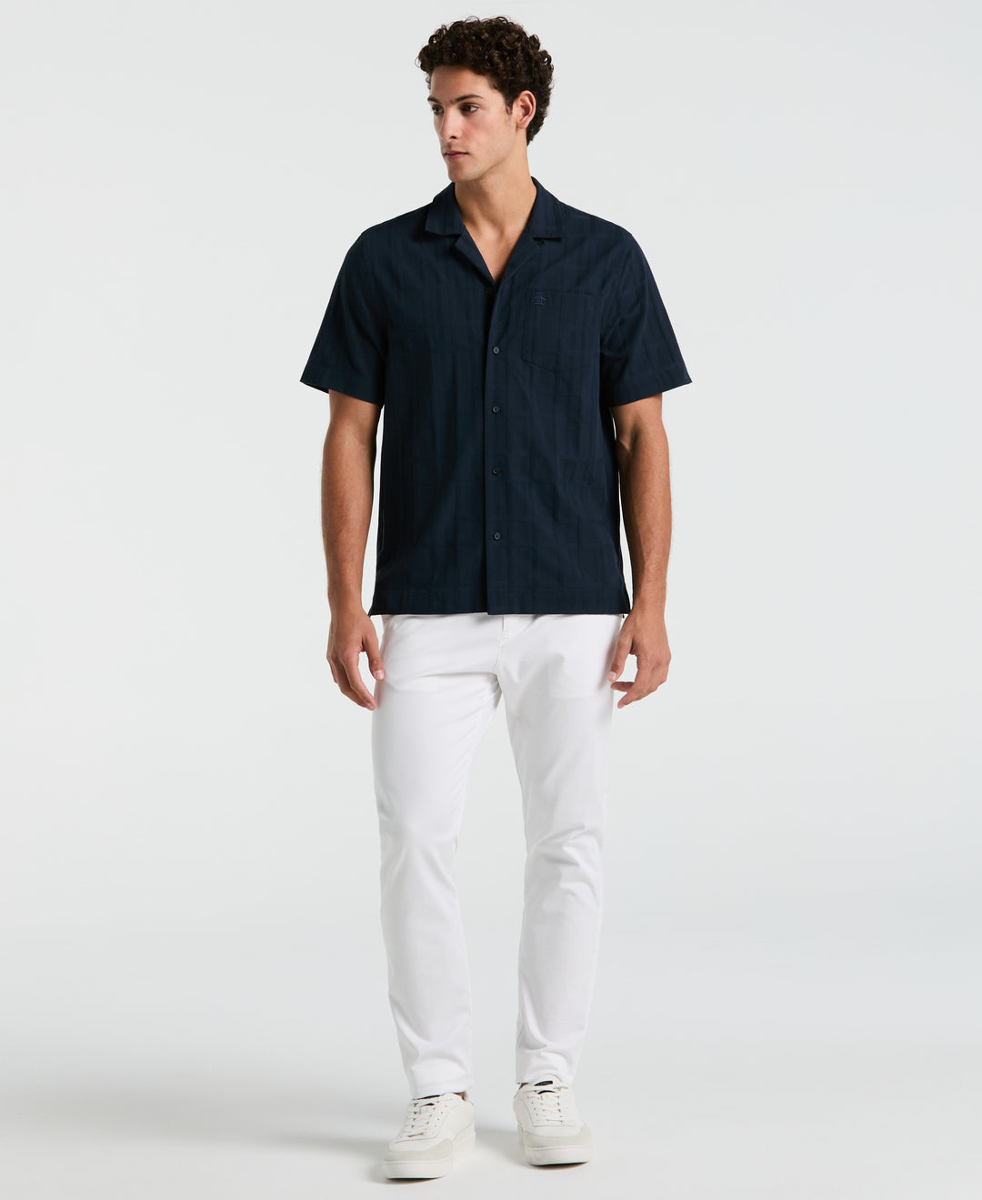 Cotton Dobby Plaid Camp Collar Shirt (Dark Sapphire) 