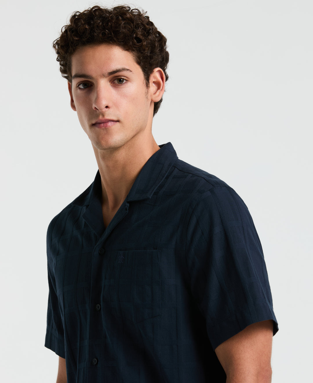 Cotton Dobby Plaid Camp Collar Shirt (Dark Sapphire) 