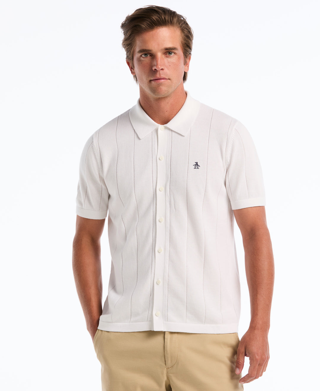 Drop Needle Button Front Sweater Polo (Bright White) 