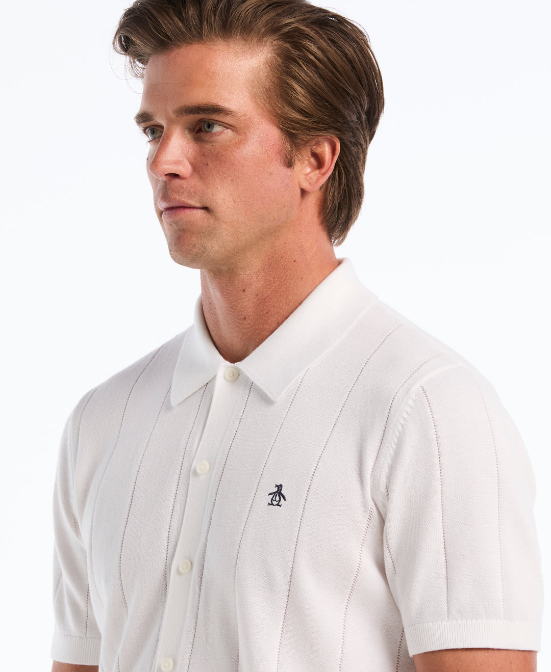 Drop Needle Button Front Sweater Polo (Bright White) 