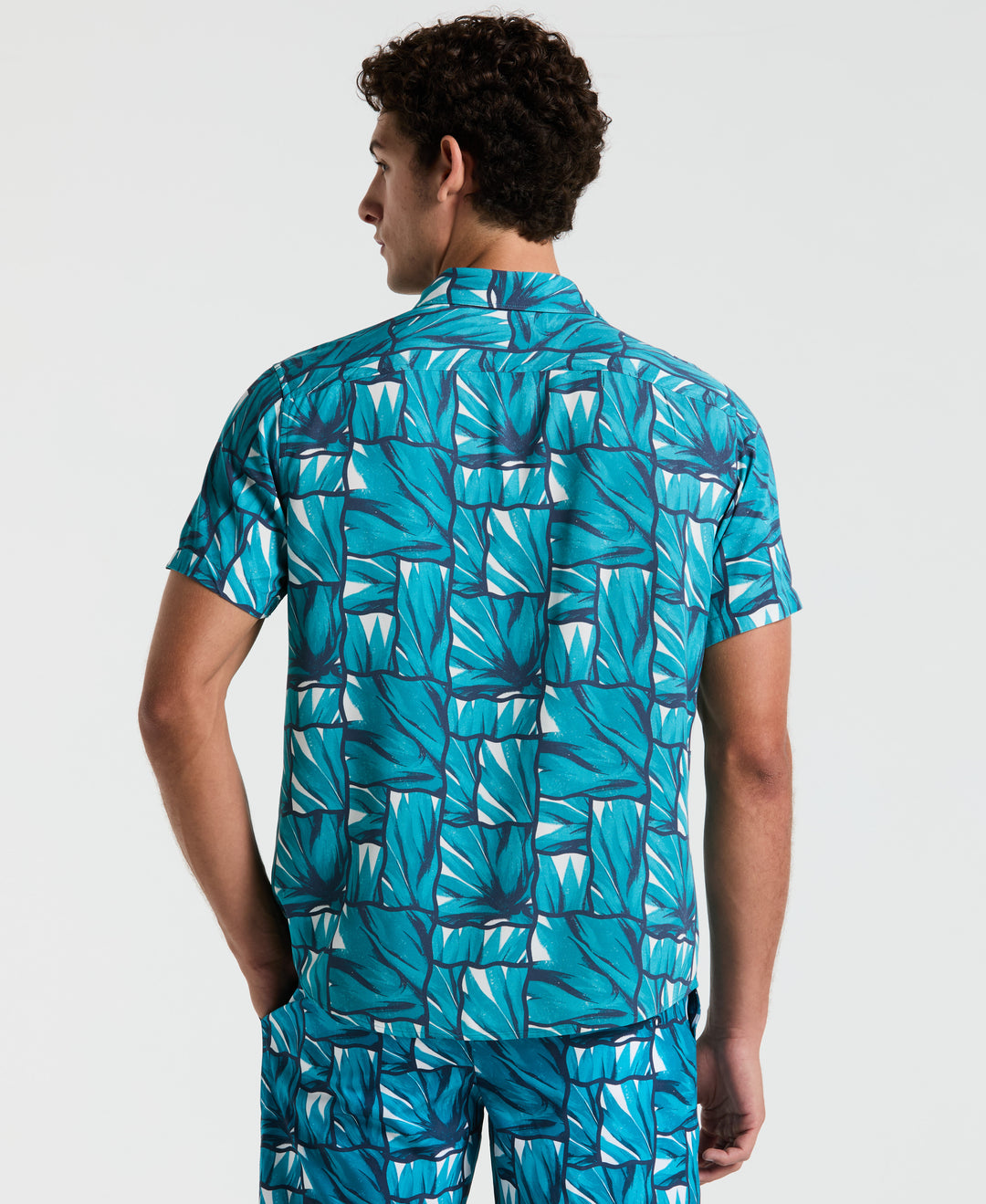 Original Penguin Men's EcoVero Agave Tiles Print Short Sleeves Shirt in Exotic Plume/Blue, Size Small