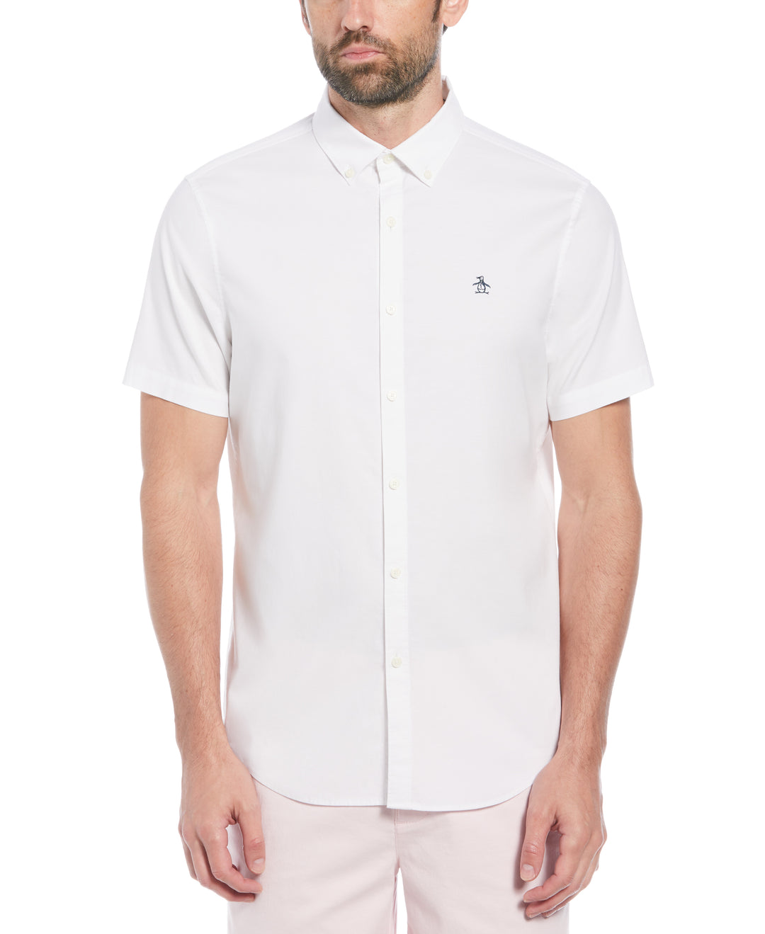 Original Penguin Men's EcoVero Oxford Button-Down Short Sleeves Shirt in Bright White/White, Size Large