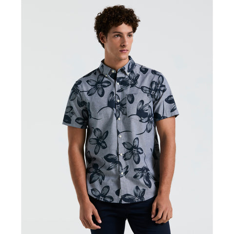 EcoVero™ Blend Floral Print Chambray Shirt (Dark Sapphire) 