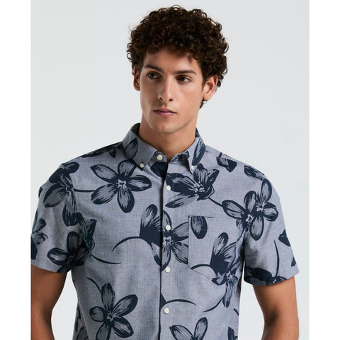 EcoVero™ Blend Floral Print Chambray Shirt (Dark Sapphire) 
