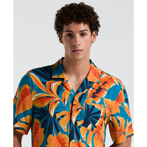 EcoVero™ Tropical Leaf Print Shirt (Mosaic Blue) 