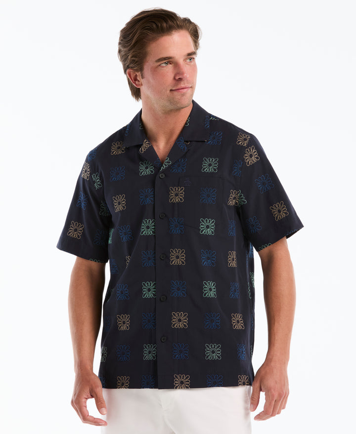 Cotton Embroidered Camp Shirt (Dark Sapphire) 