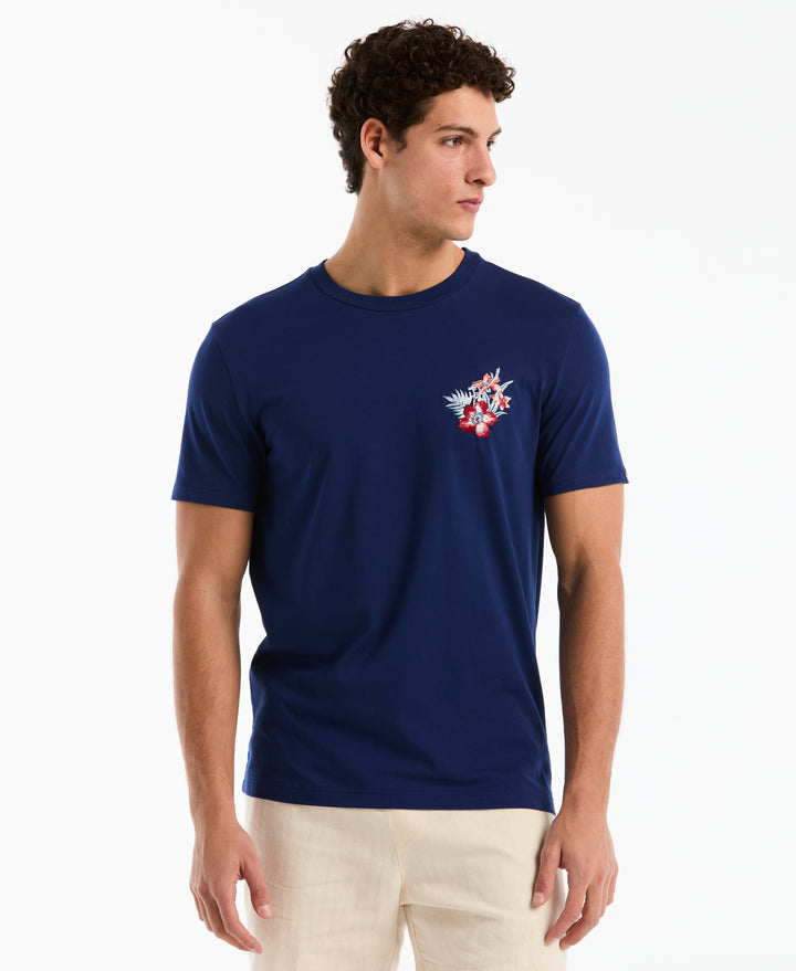 Cotton Embroidered Floral Graphic Tee (Blue Depths) 