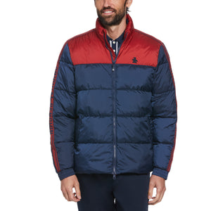 Faux Down Color Block Stripe Puffer Jacket (Dress Blues) 