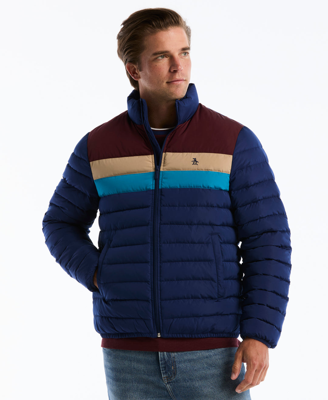 Lightweight Faux Down Colorblock Jacket (Blue Depths) 