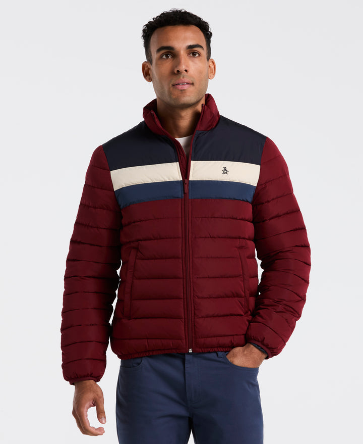 Lightweight Faux Down Colorblock Jacket (Cabernet) 