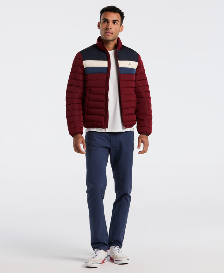 Lightweight Faux Down Colorblock Jacket (Cabernet) 