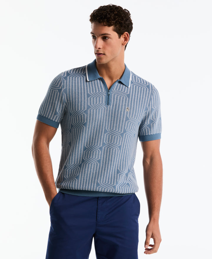 Cotton Geo Cable Quarter-Zip Short Sleeve Sweater Polo (Bright White) 