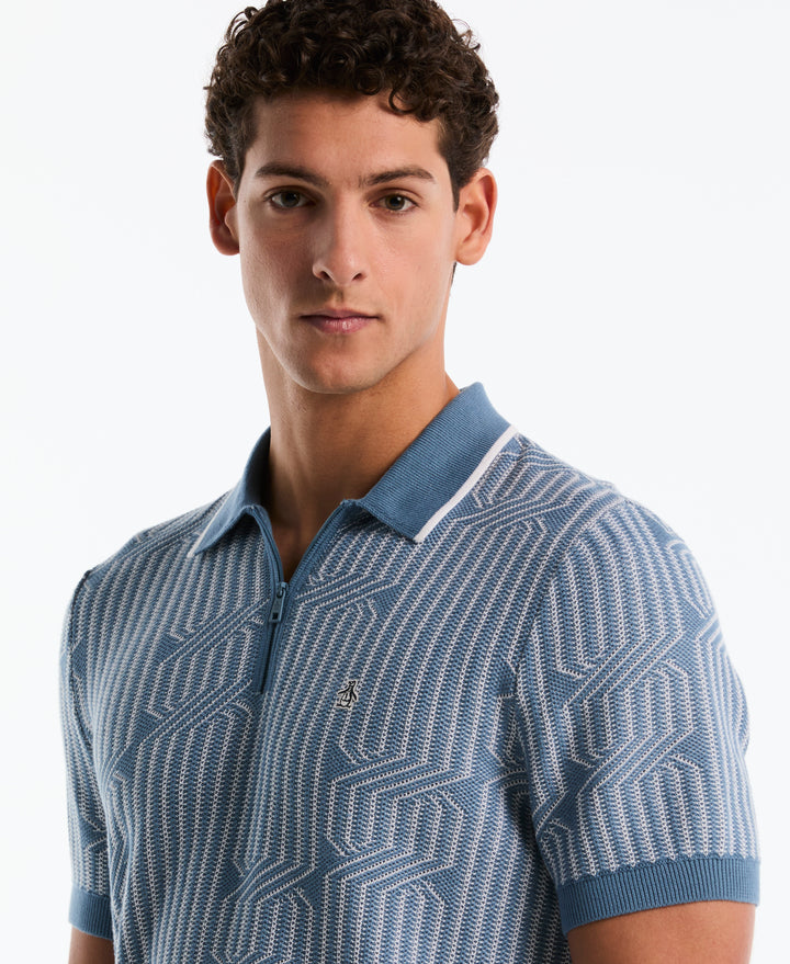 Cotton Geo Cable Quarter-Zip Short Sleeve Sweater Polo (Bright White) 