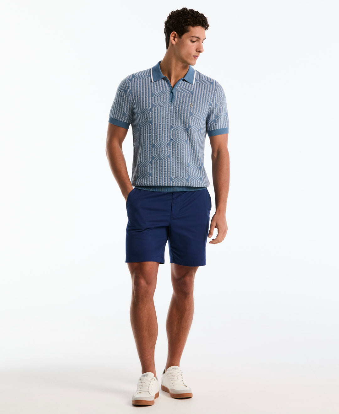 Cotton Geo Cable Quarter-Zip Short Sleeve Sweater Polo (Bright White) 