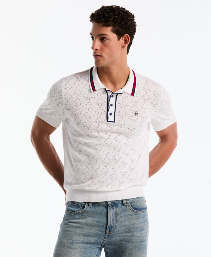 Cotton Geometric Eyelet Sweater Polo (Bright White) 