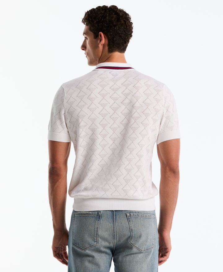 Cotton Geometric Eyelet Sweater Polo (Bright White) 