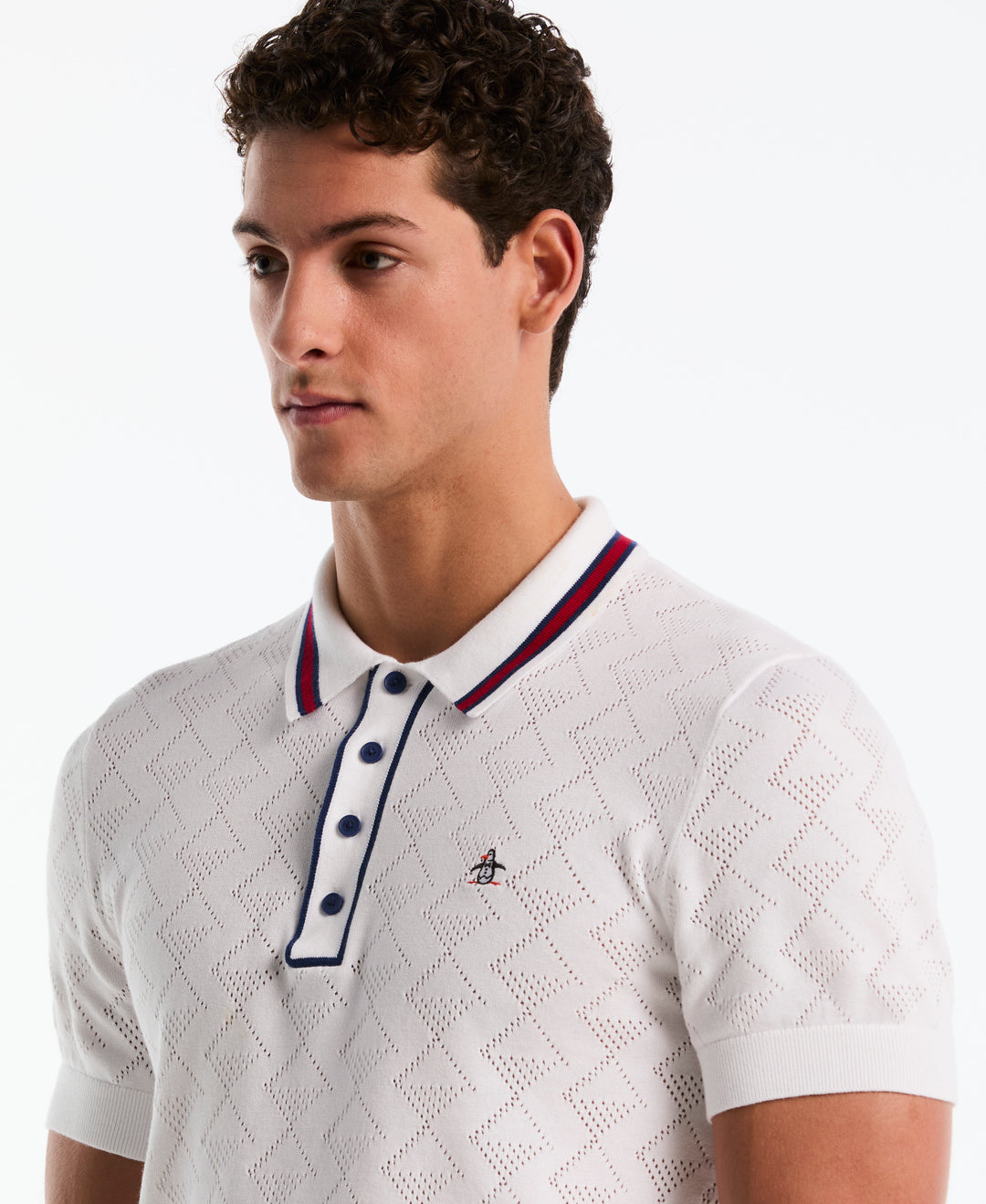 Cotton Geometric Eyelet Sweater Polo (Bright White) 