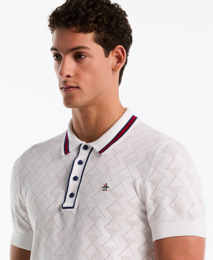 Cotton Geometric Eyelet Sweater Polo (Bright White) 