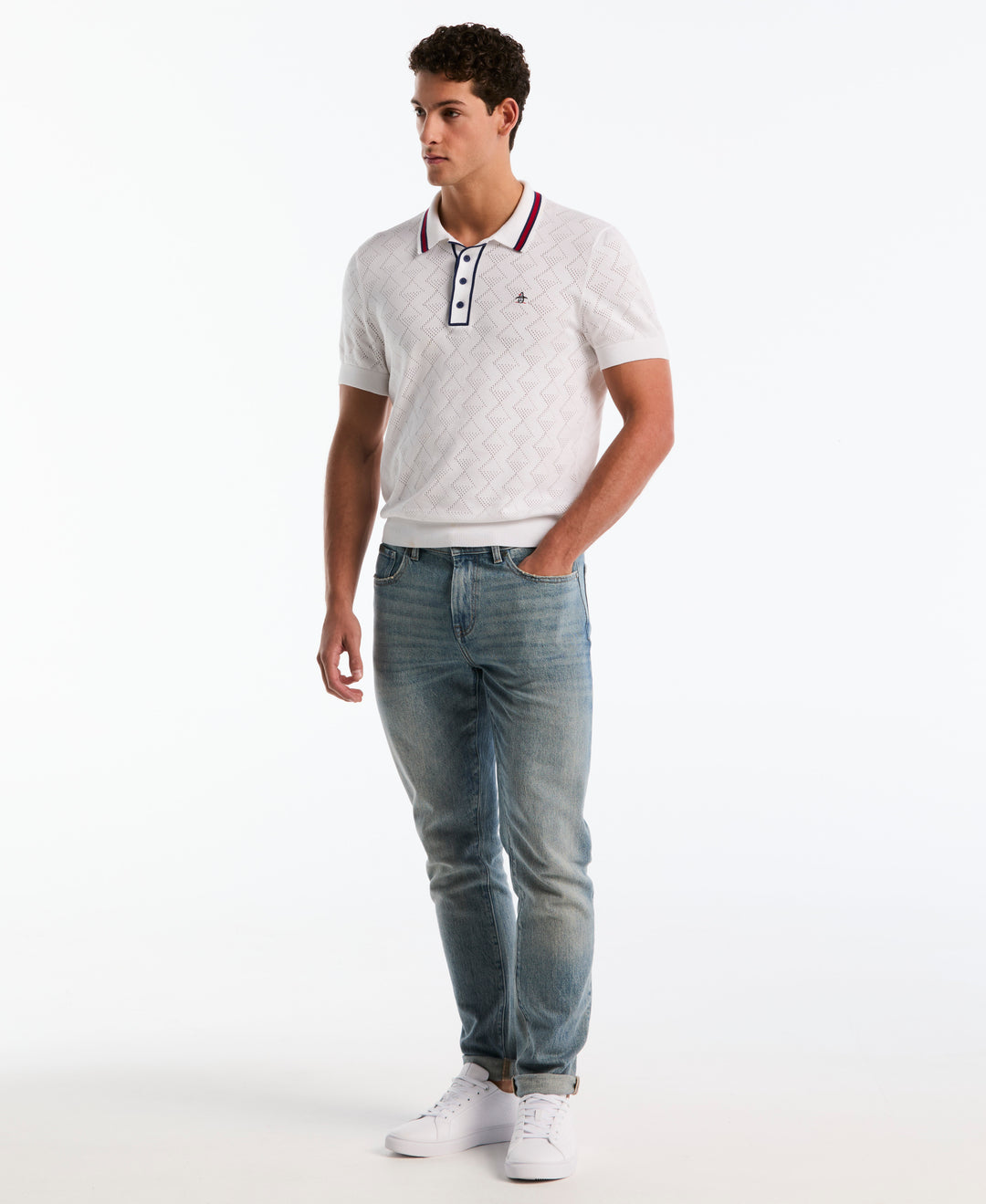 Cotton Geometric Eyelet Sweater Polo (Bright White) 