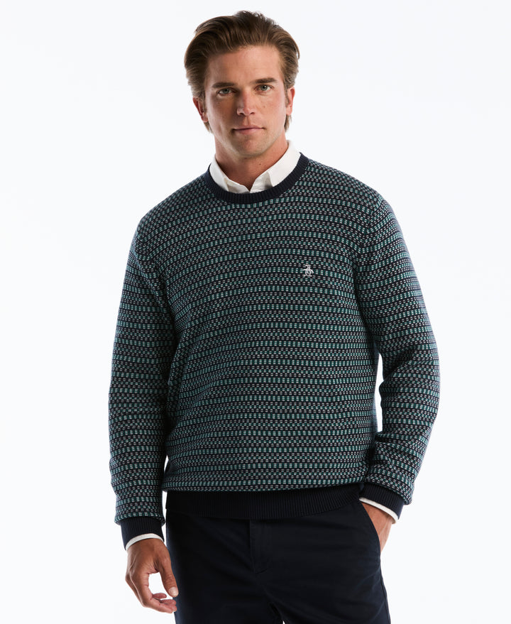 Cotton Geometric Jacquard Crew Neck Sweater (Dark Sapphire) 
