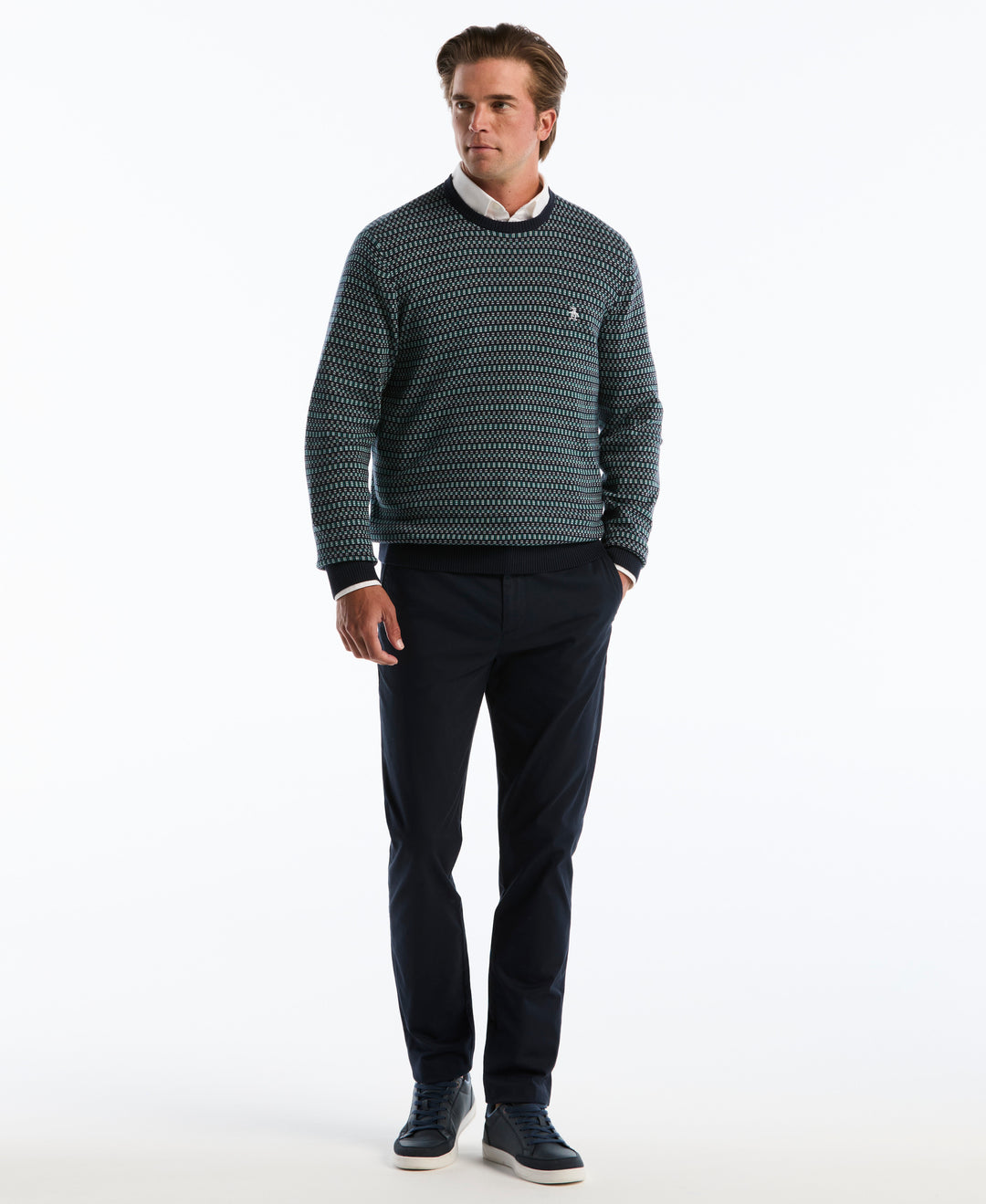 Cotton Geometric Jacquard Crew Neck Sweater (Dark Sapphire) 