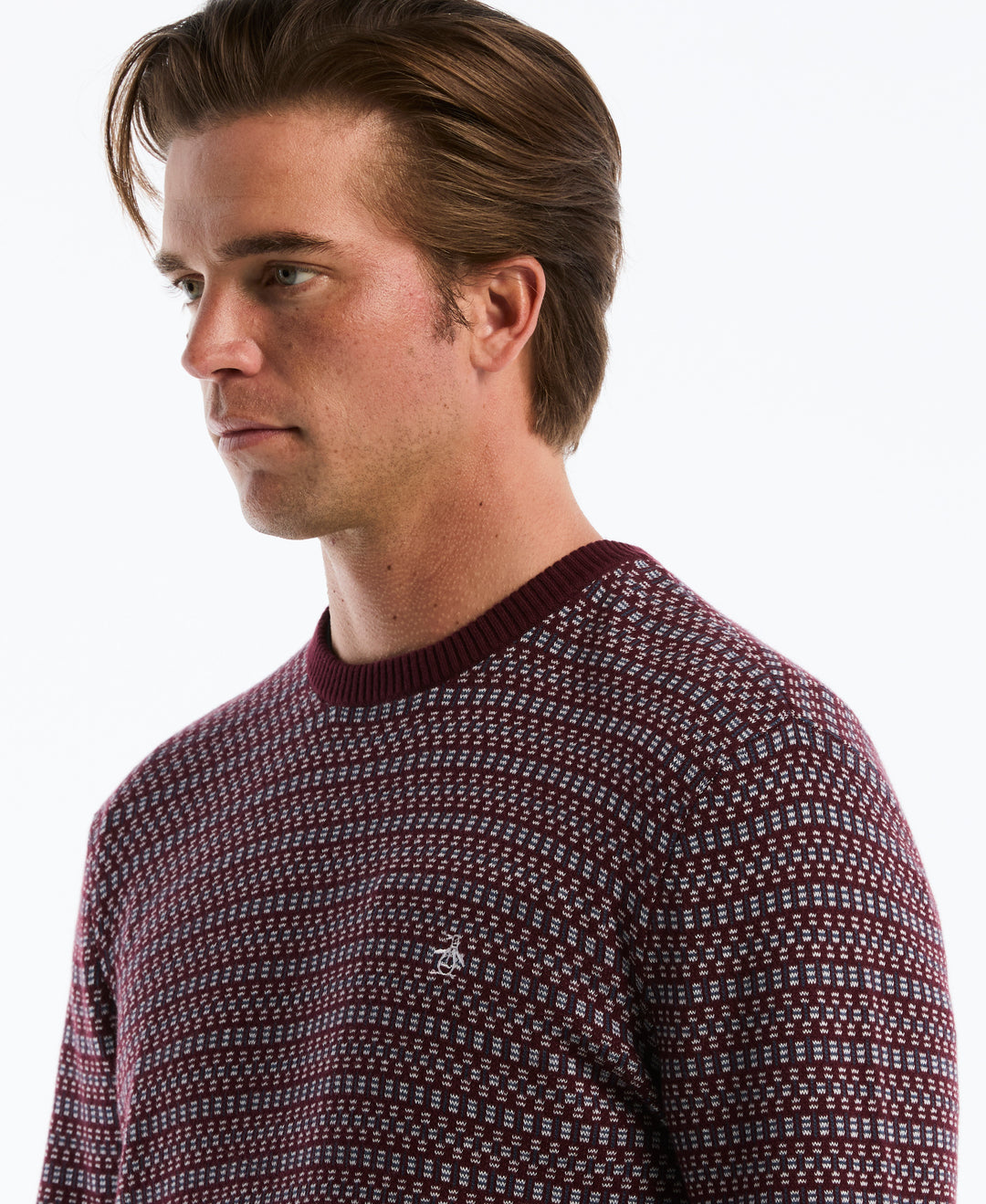 Cotton Geometric Jacquard Crew Neck Sweater (Port Royale) 