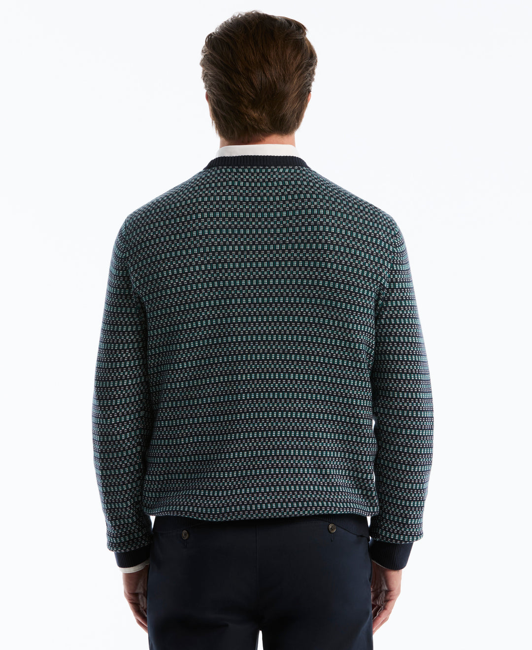 Cotton Geometric Jacquard Crew Neck Sweater (Dark Sapphire) 