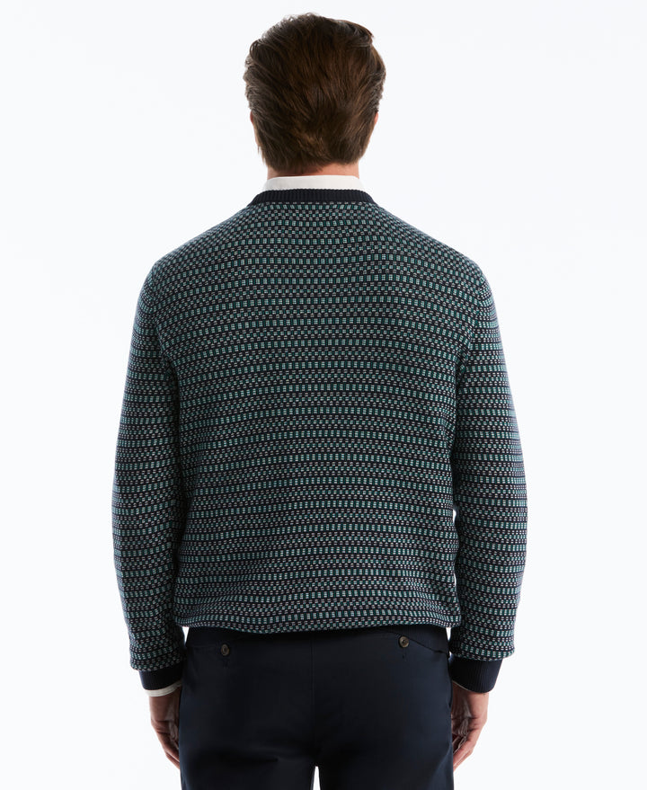 Cotton Geometric Jacquard Crew Neck Sweater (Dark Sapphire) 