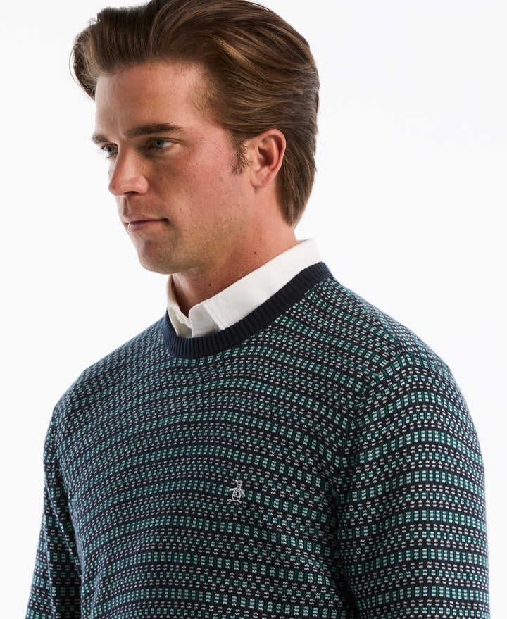 Cotton Geometric Jacquard Crew Neck Sweater (Dark Sapphire) 