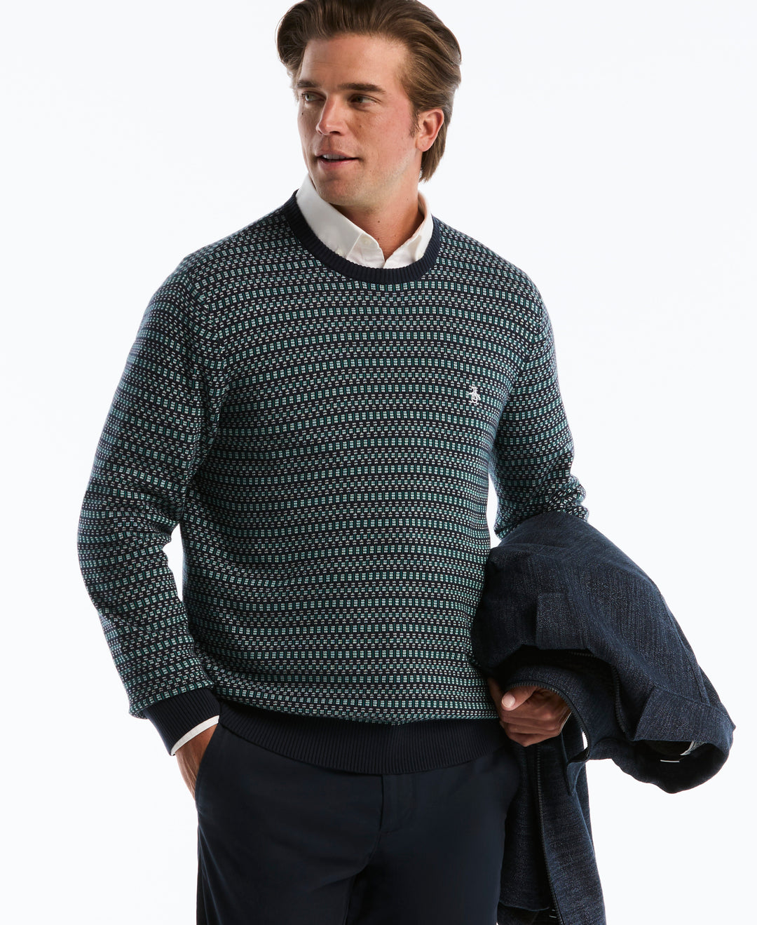 Cotton Geometric Jacquard Crew Neck Sweater (Dark Sapphire) 