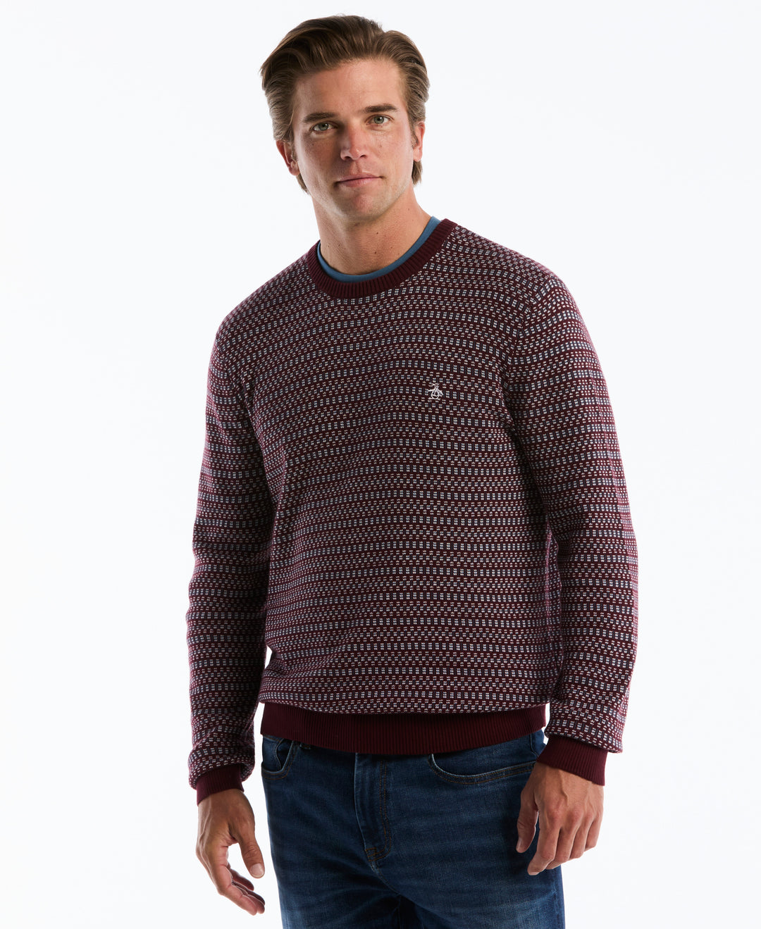 Cotton Geometric Jacquard Crew Neck Sweater (Port Royale) 