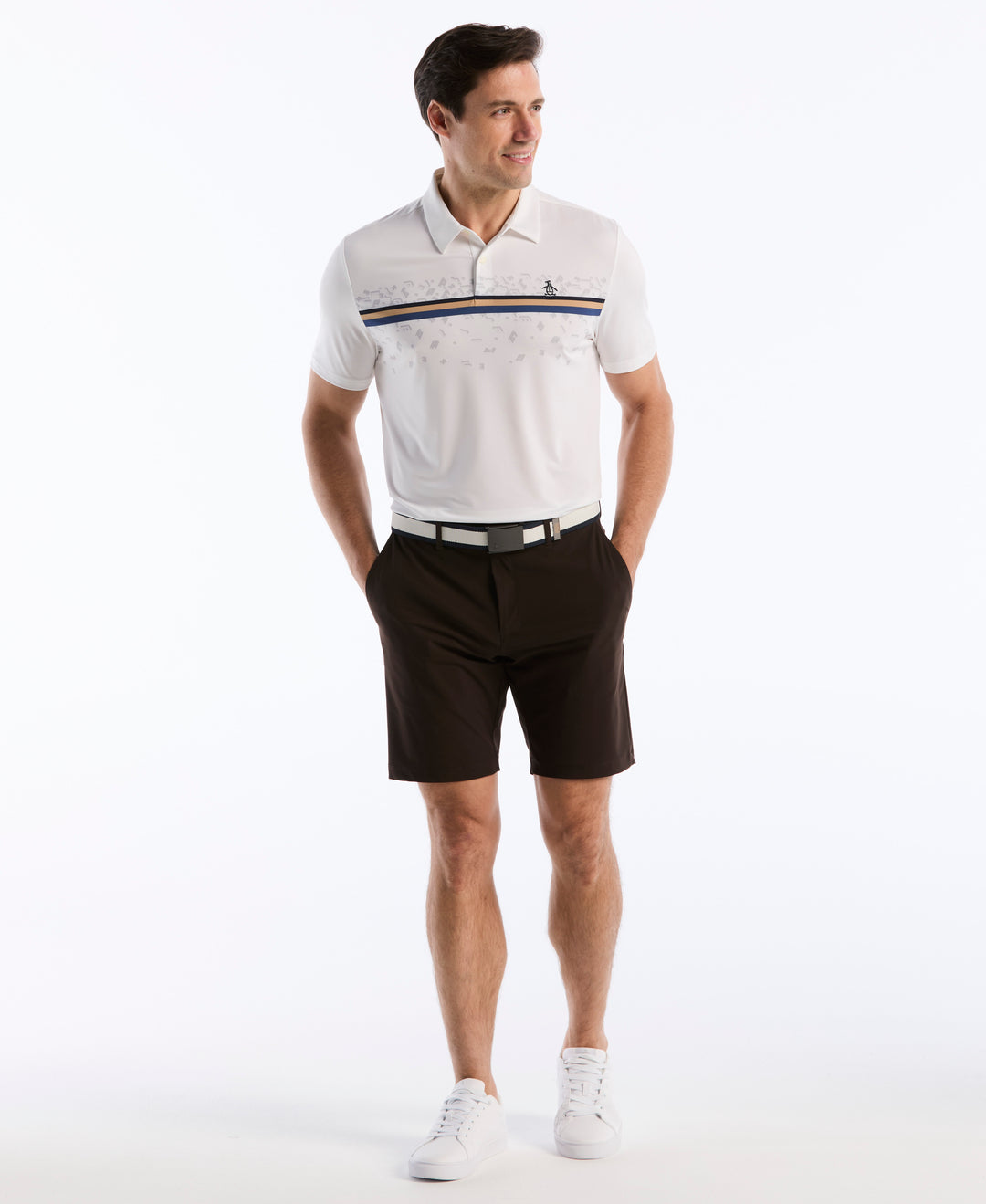 "Got Game" Stripe Novelty Golf Polo (Bright White) 