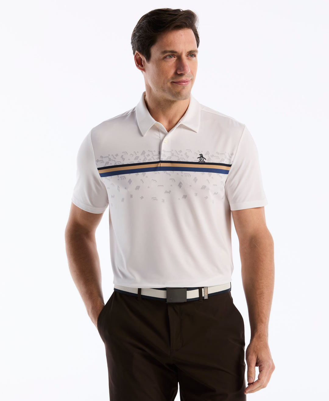 "Got Game" Stripe Novelty Golf Polo (Bright White) 