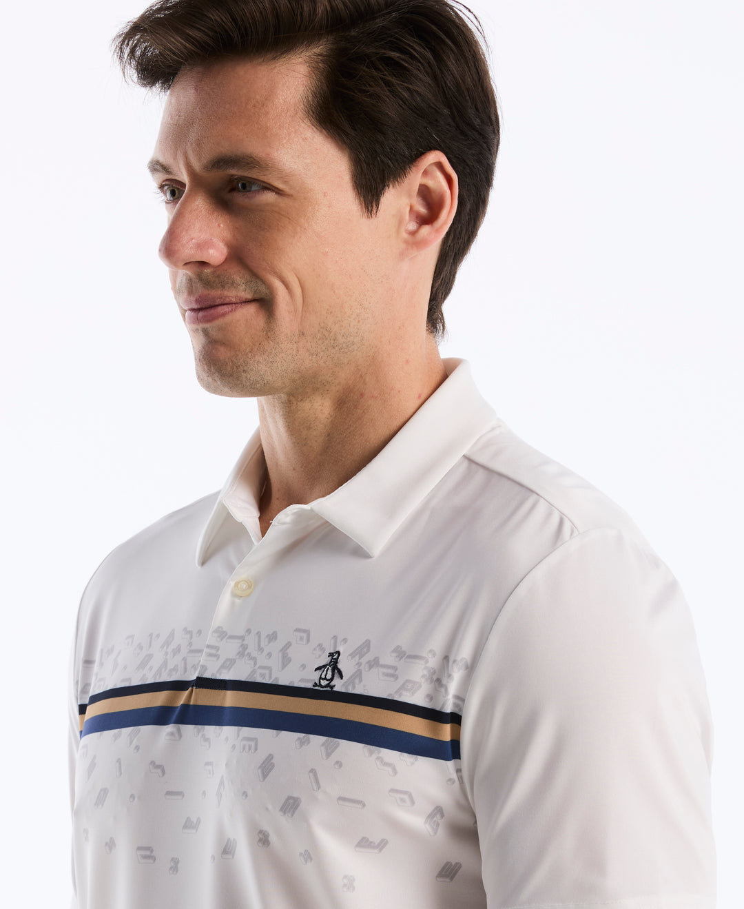 "Got Game" Stripe Novelty Golf Polo (Bright White) 
