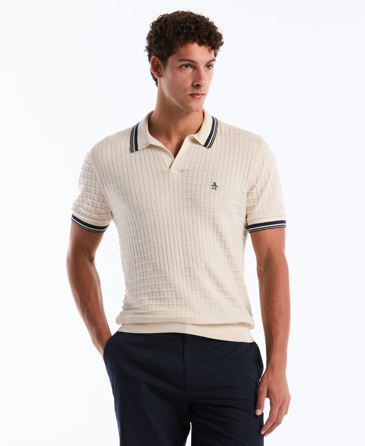 Grid Knit Johnny Collar Sweater Polo (Birch) 
