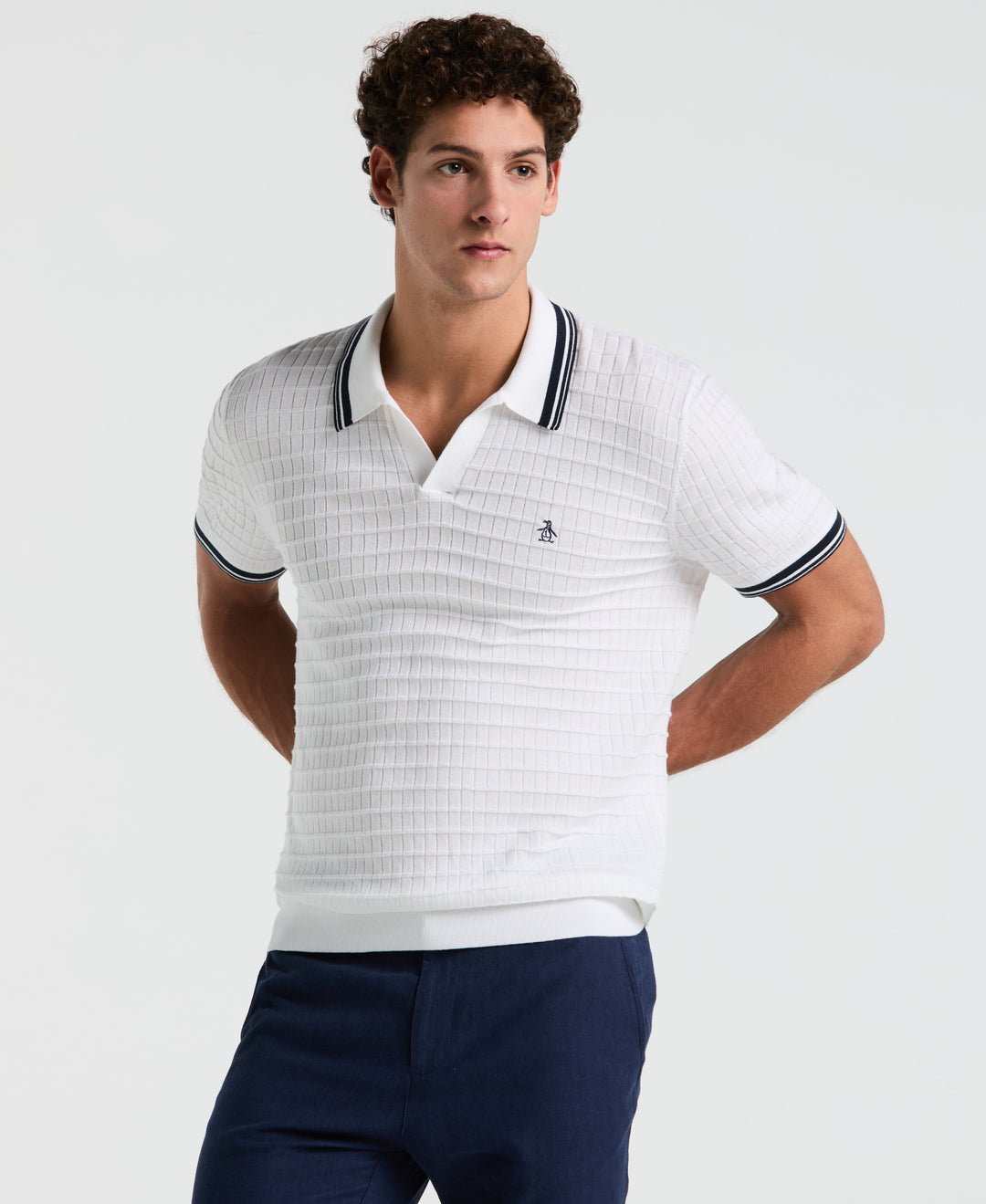 Grid Knit Johnny Collar Sweater Polo (Bright White) 