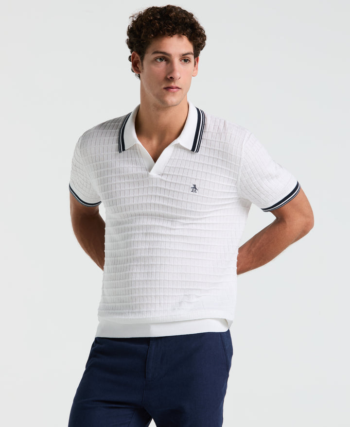 Grid Knit Johnny Collar Sweater Polo (Bright White) 