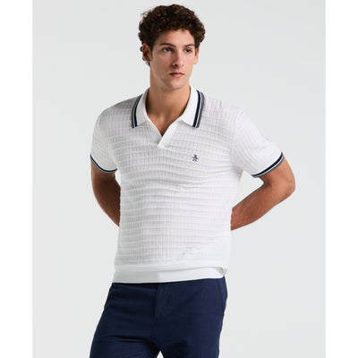 Grid Knit Johnny Collar Sweater Polo (Bright White) 
